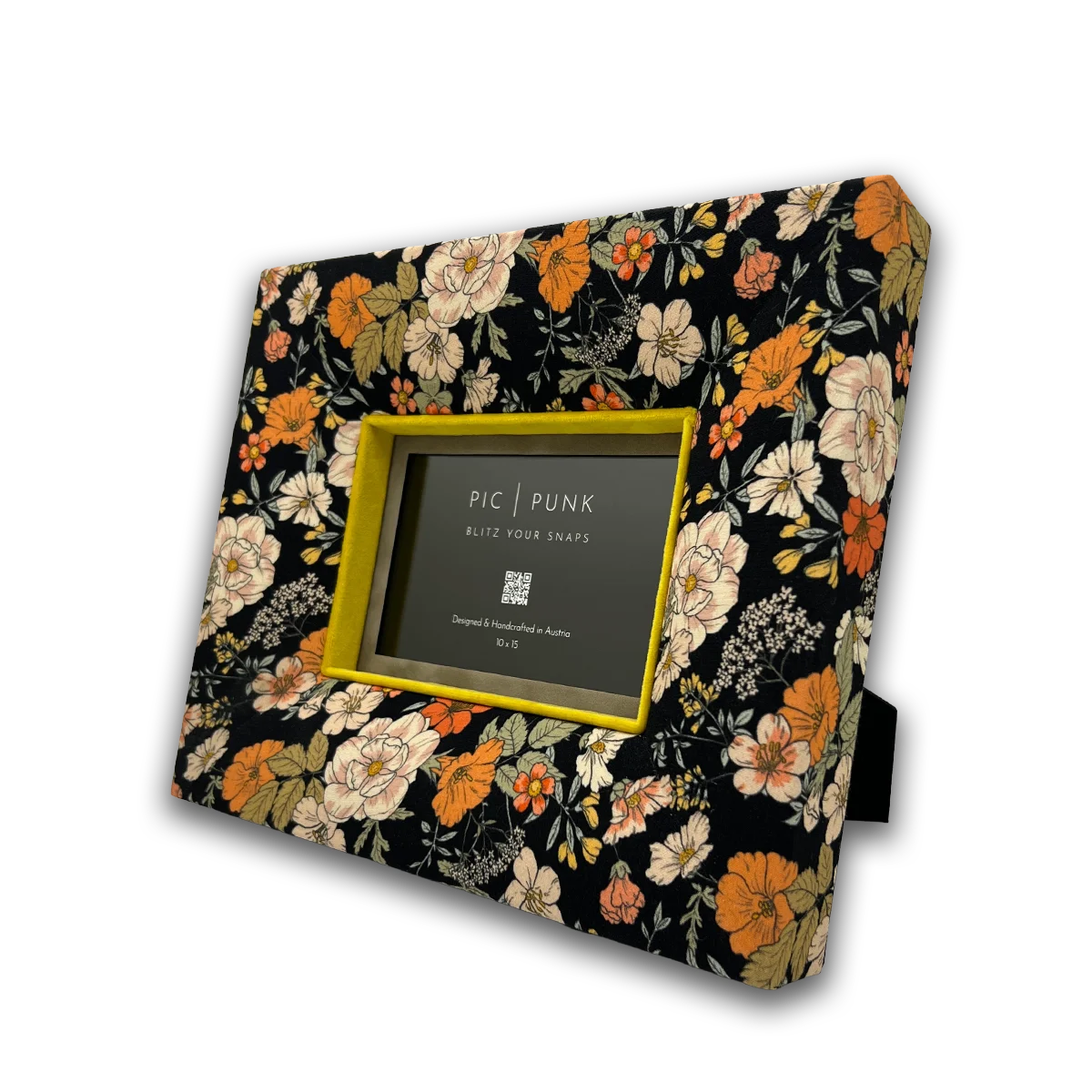 Bohemian Night Bilderrahmen – floraler Stoffrahmen in Cognac-Braun mit Lila-Akzenten, handgefertigt in Österreich, elegantes Boho-Design.