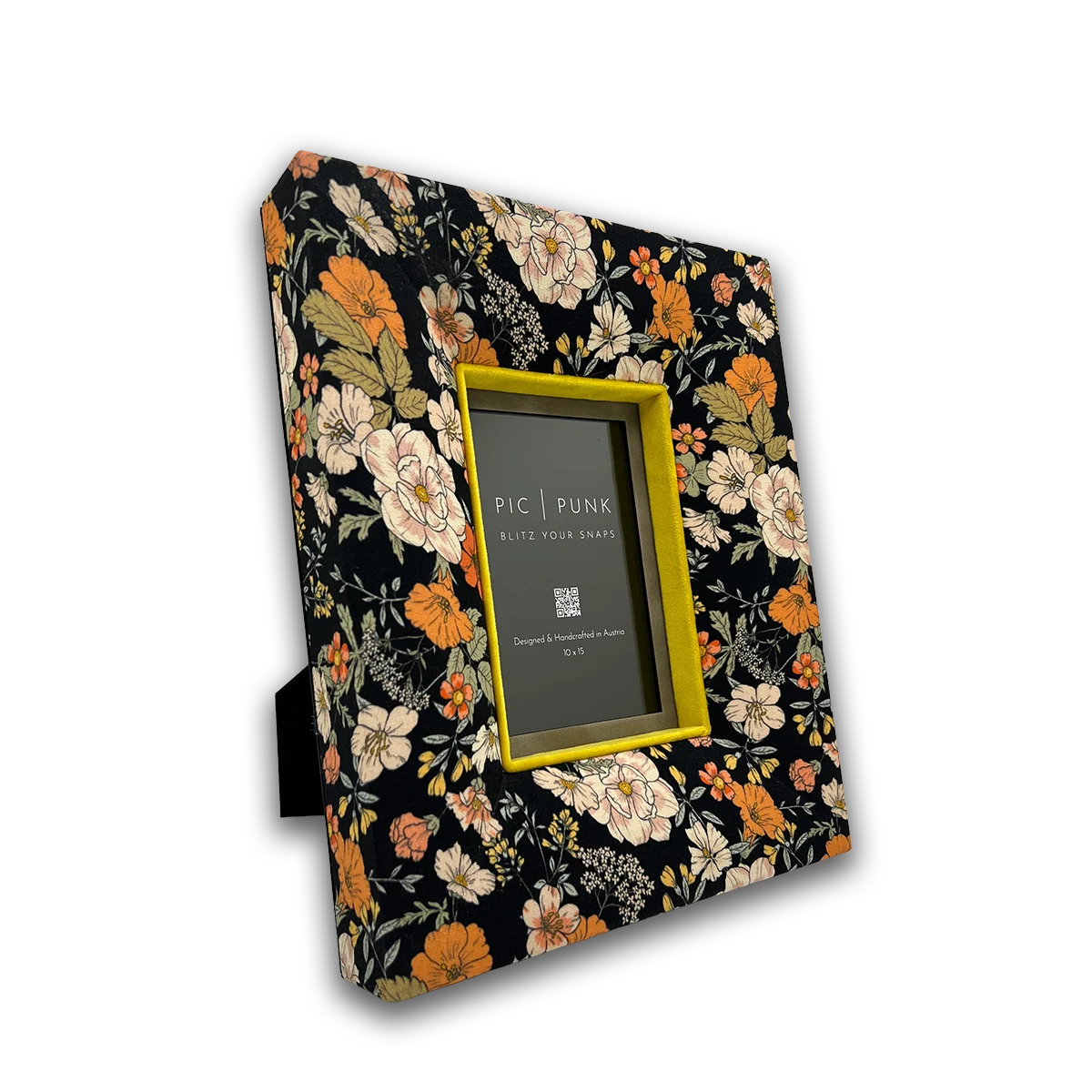 Bohemian Night picture frame – floral fabric frame in cognac brown with purple accents, handcrafted in Austria, elegant boho design.