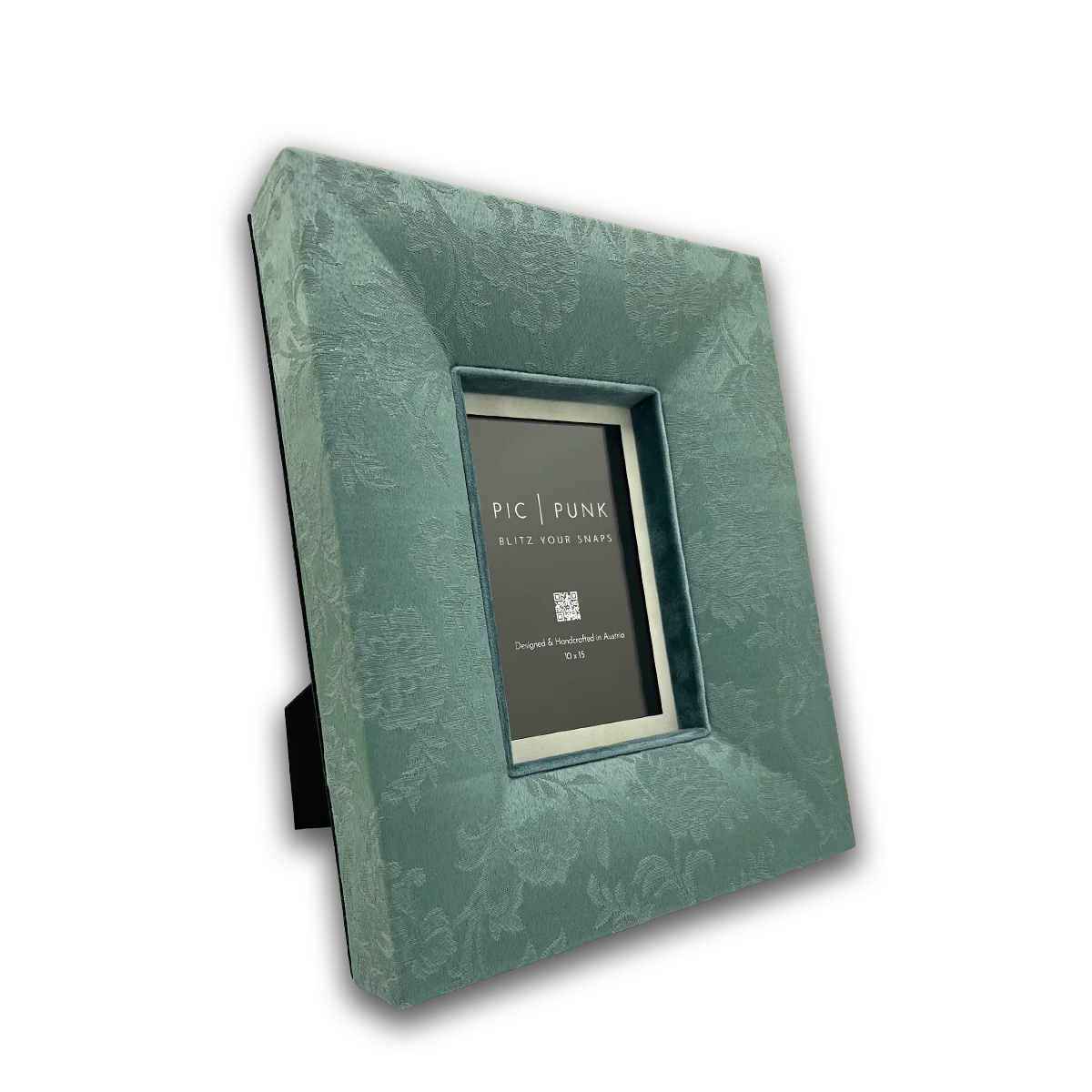 Downtown Essence picture frame – fabric frame in elegant jade green with fine jacquard pattern and velvet inlay, handcrafted in Austria