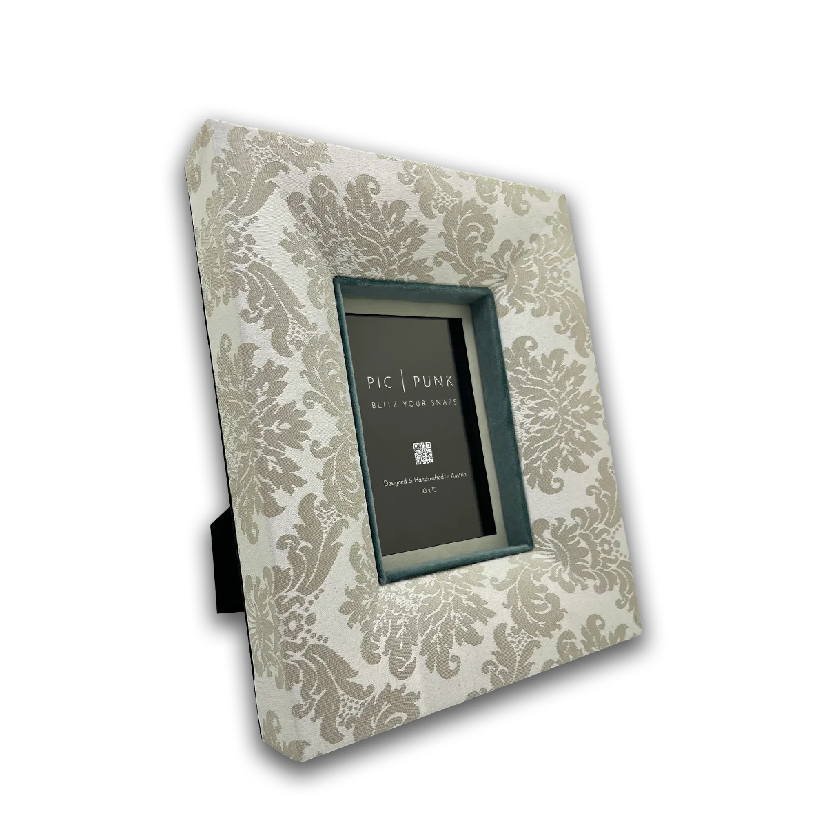 East End Whisper picture frame – elegant fabric frame in silver-grey with damask pattern and petrol velvet inlay, handcrafted in Austria.
