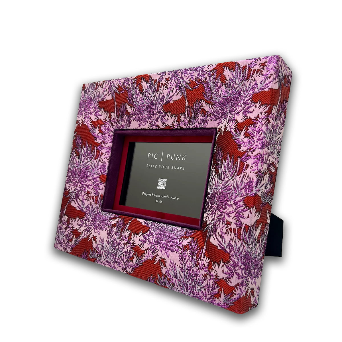 Neon Orchid Bilderrahmen – floraler Stoffrahmen in Pink, Violett und Rot, handgefertigt in Österreich, auffälliges Boho-Design für Interior.