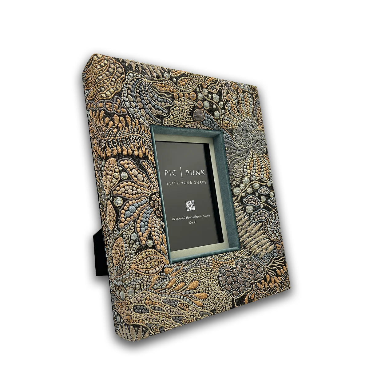 Urban Glam picture frame – fabric frame in slate grey with gold and copper pattern, smoky blue velvet inlay, handcrafted in Austria.